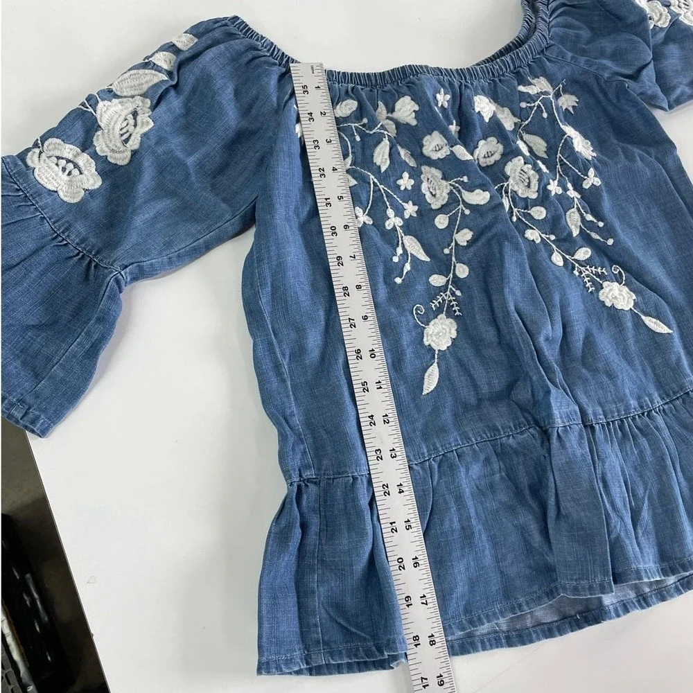 Blue Rain Top‎ Women XS Blue Floral Embroidered Boho Off Shoulder Cottagecore